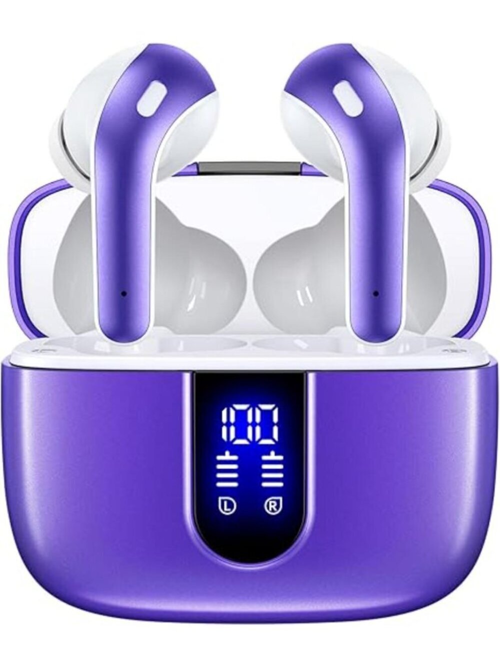 Phantom Purple Bluetooth Headphones True Wireless Earbuds LED Power Display Mic